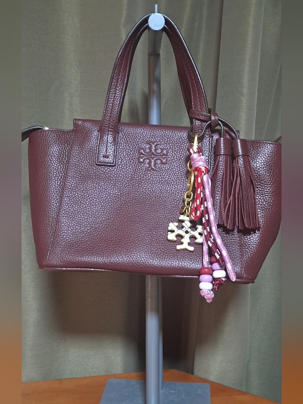Tory Burch Mini Tote in Burgundy with Tassel And TB Key Chain - Picture 2 of 13